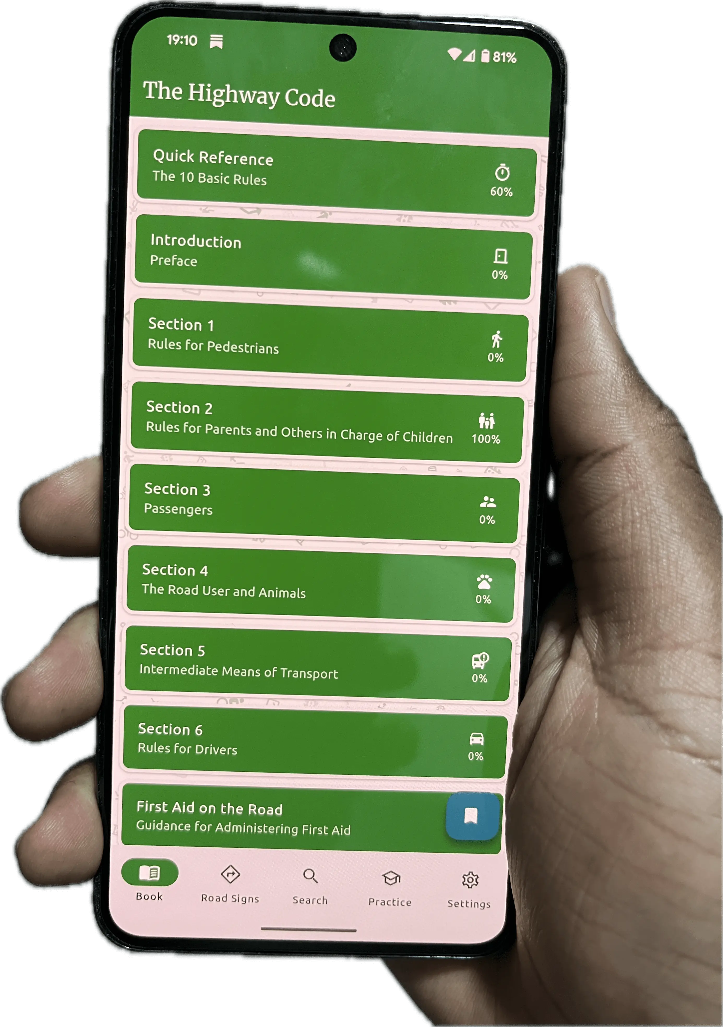 Zambia Highway Code app on a phone held in a hand