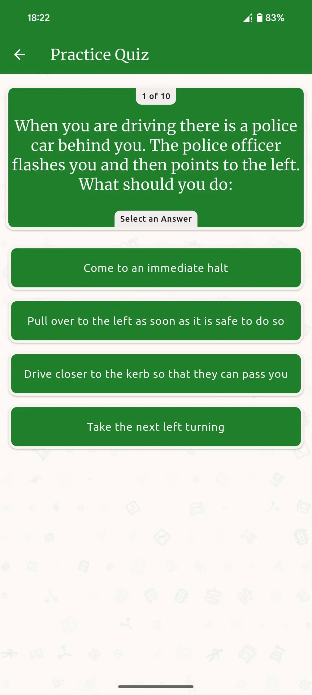 Practice quiz screen in the Zambia Highway Code app