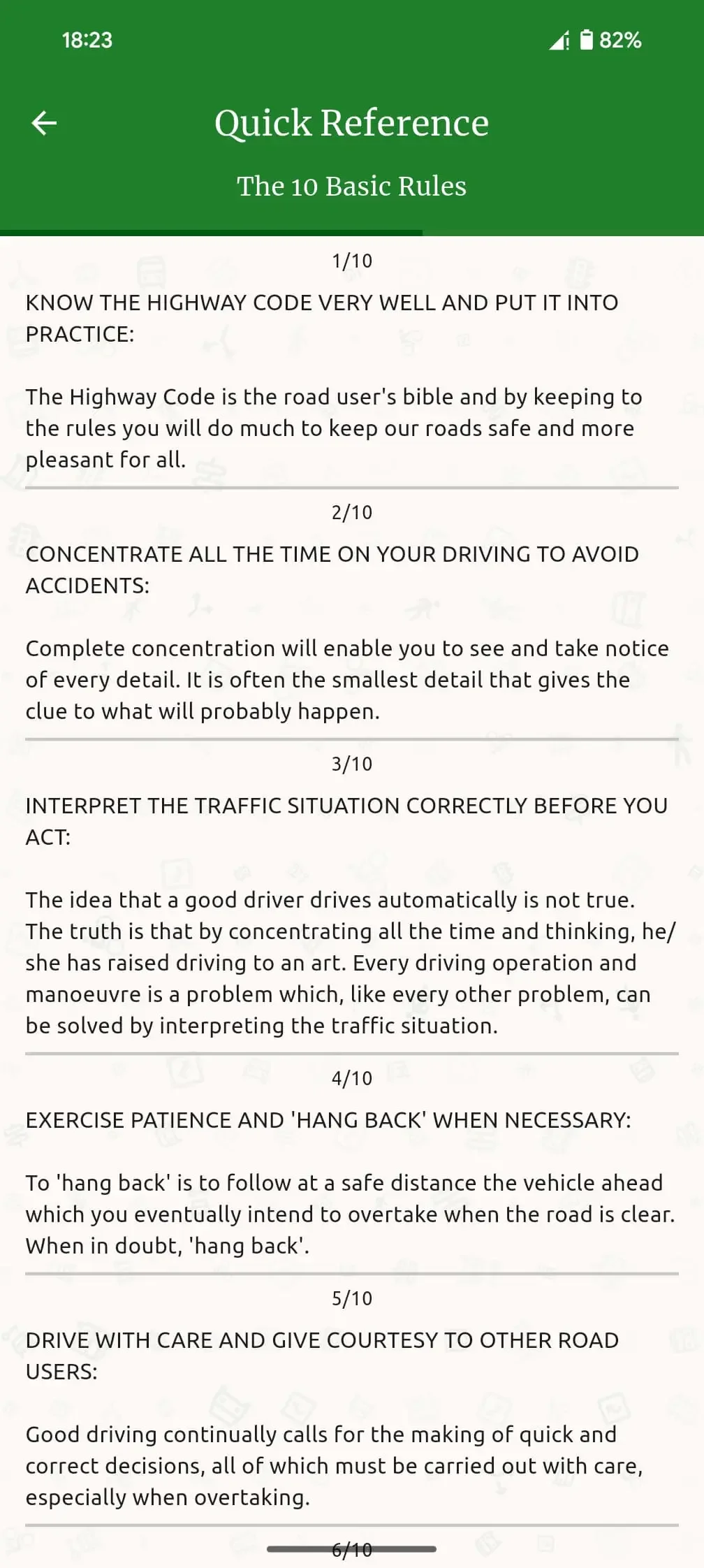 Interactive Highway Code screen
